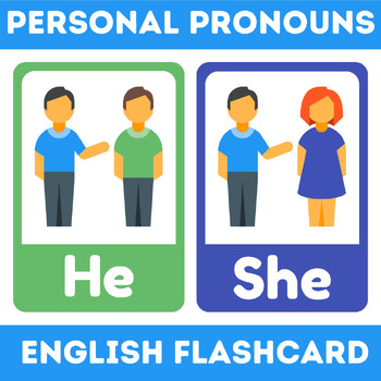 personal pronouns english flashcard in colorful illustrative style